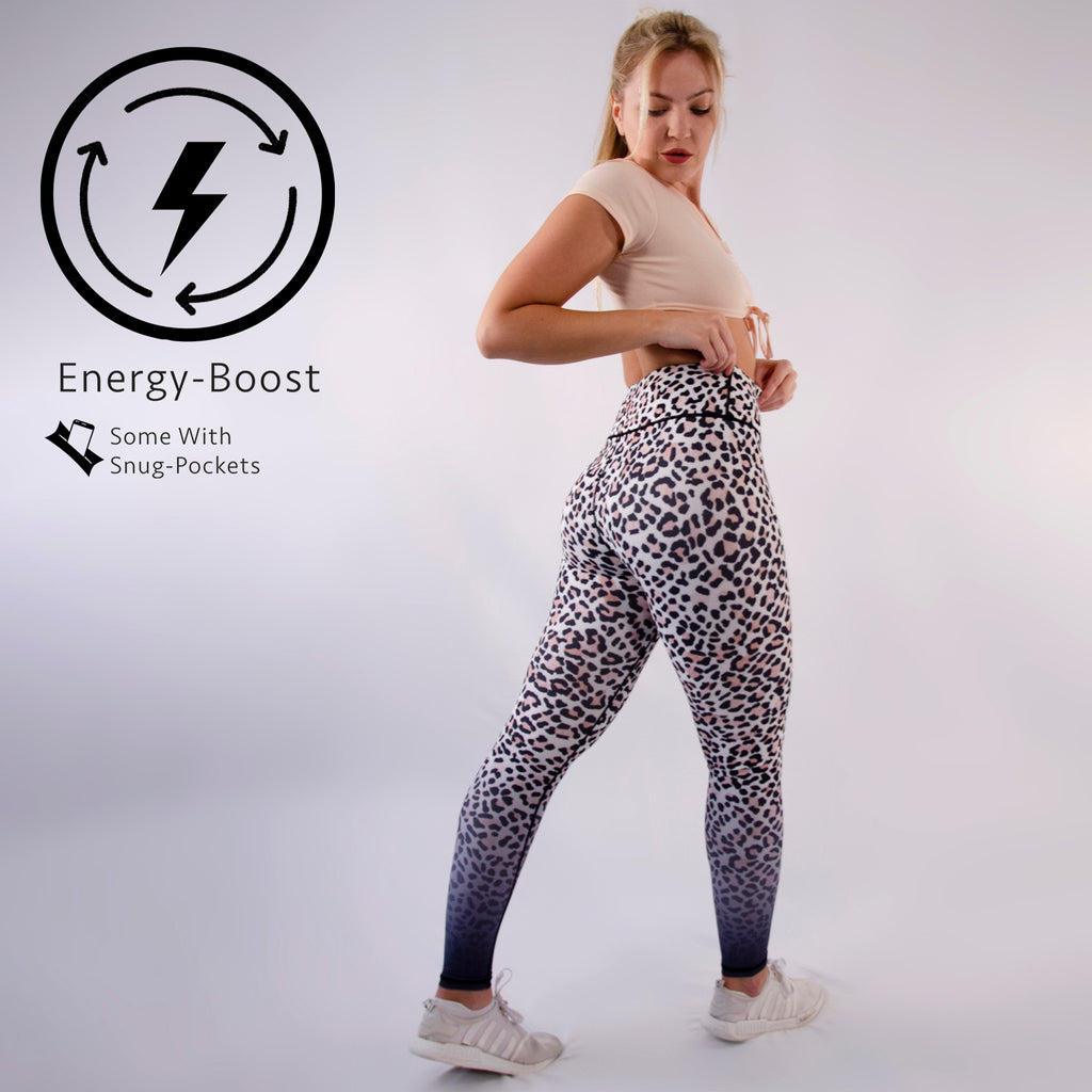 Woman wearing high waisted gym contouring leggings with animal print and ombre effect in blue, white and nude colours